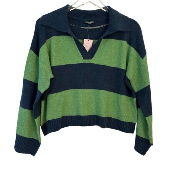 NWT Wild Fable | Green & Navy Blue Striped Cropped Sweater Size Medium - Picture 3 of 8